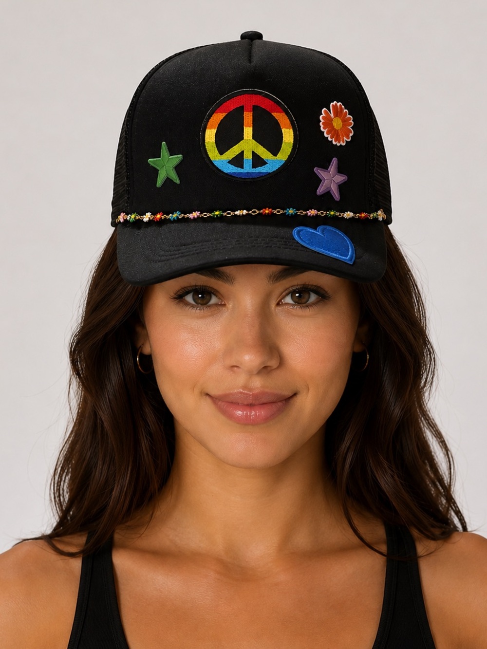 Black Trucker Hat with Peace Sign and Colorful Patches